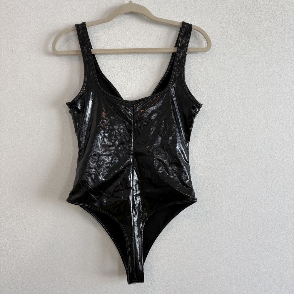 Tiger Mist Kyra Bodysuit Women M Black Faux Leather Shiny Rave Party Whimsigoth - Picture 2 of 8